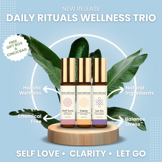 Wellness Trio: 3 Essential Oil Energy Rollers (Self Love, Clarity & Let Go) + FREE Gift Box and Cinch Bag