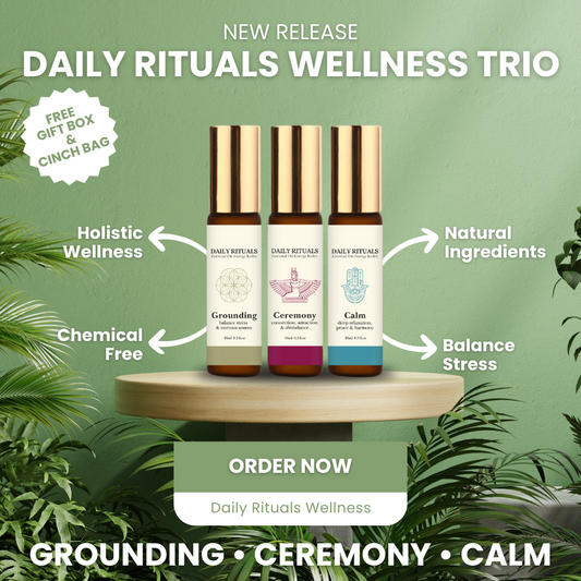 Wellness Trio: 3 Essential Oil Energy Rollers (Grounding, Ceremony & Calm) + FREE Gift Box and Cinch Bag